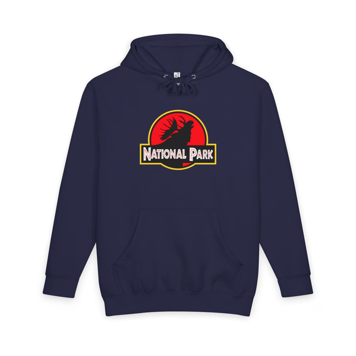 Navy Blue Moose National Park hoodie, front view with parody logo