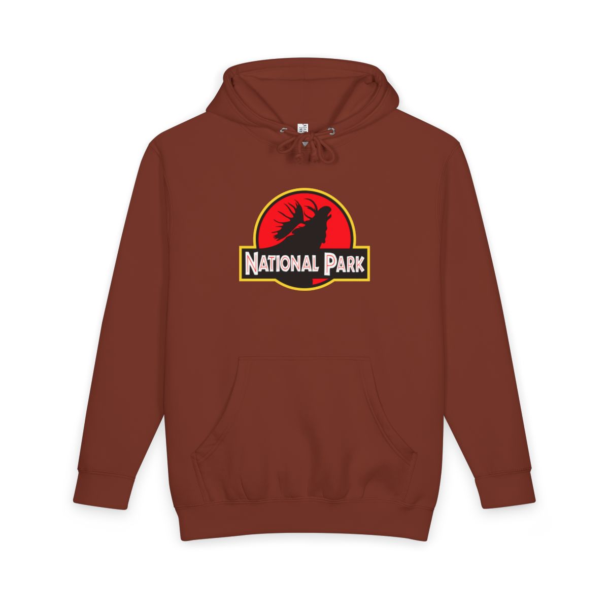 Paprika Moose National Park hoodie, front view with parody logo