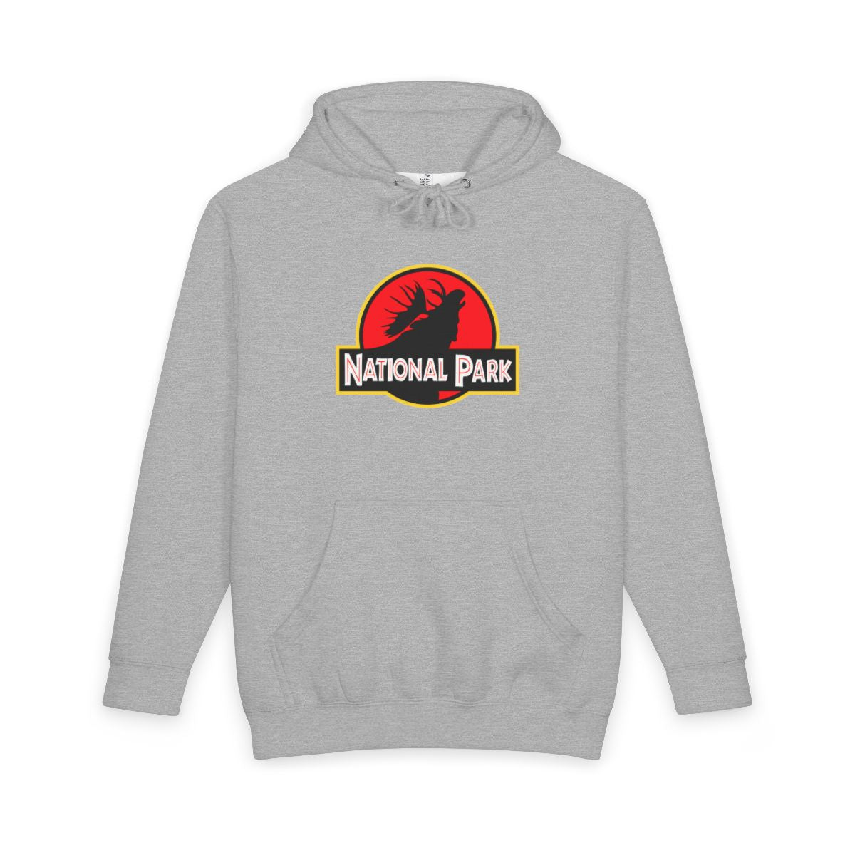 Heather Grey Moose National Park hoodie, front view with parody logo