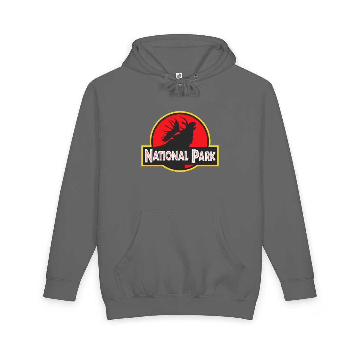 Storm Moose National Park hoodie, front view with parody logo