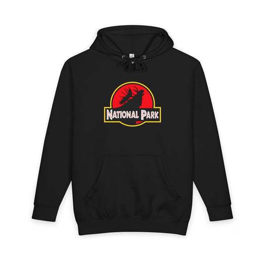 Black Moose National Park hoodie, front view with parody logo