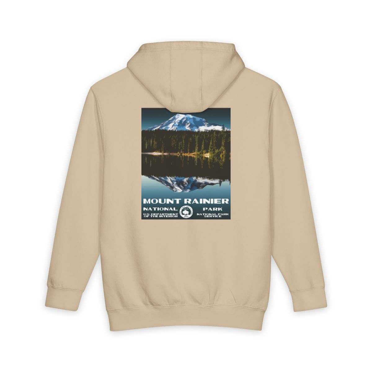 Mushroom Mount Rainier National Park hoodie, back view with national park poster artwork