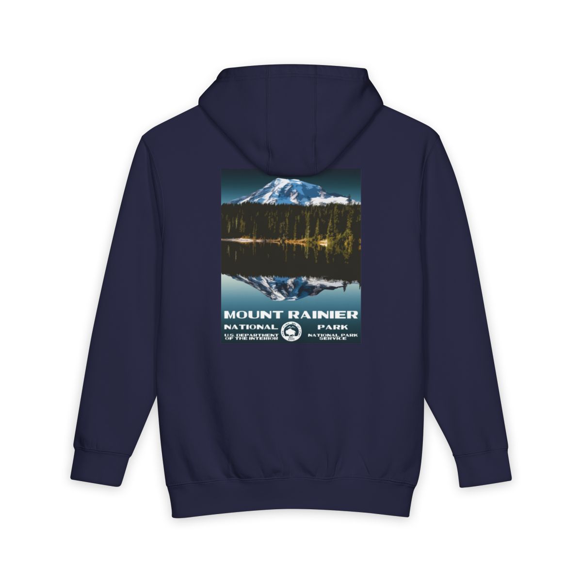 Navy Blue Mount Rainier National Park hoodie, back view with national park poster artwork