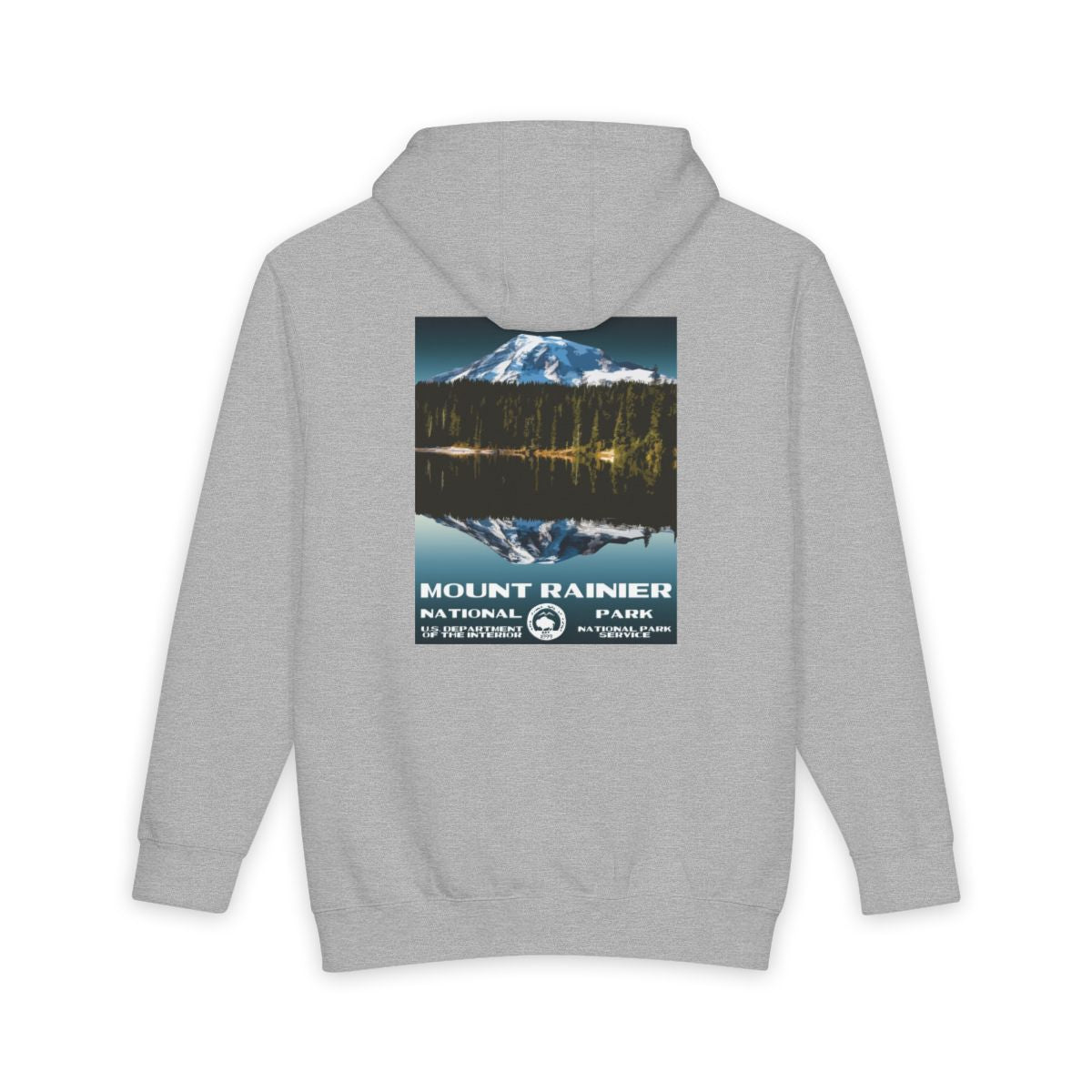 Heather Grey Mount Rainier National Park hoodie, back view with national park poster artwork