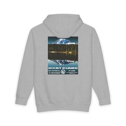 Heather Grey Mount Rainier National Park hoodie, back view with national park poster artwork