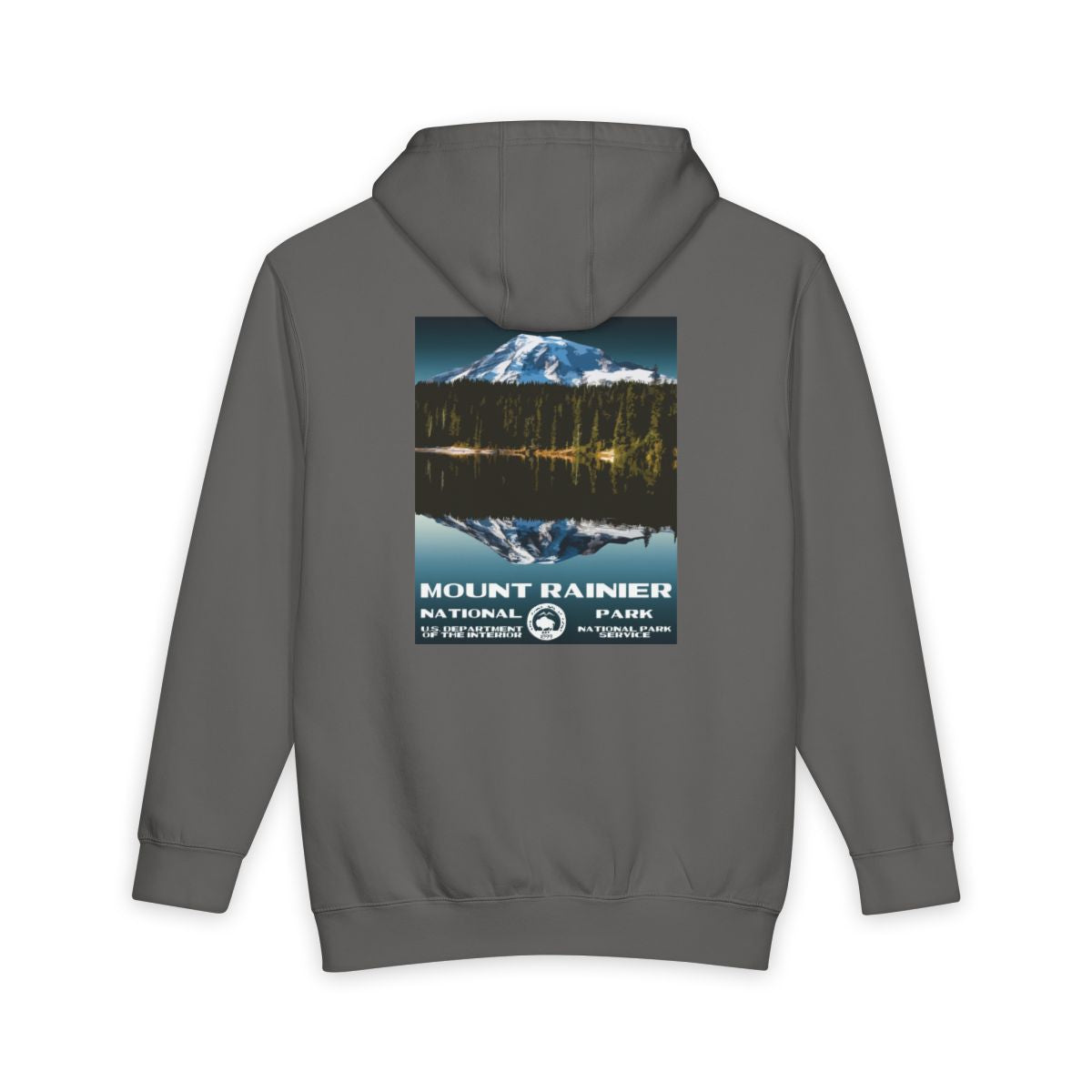 Storm Mount Rainier National Park hoodie, back view with national park poster artwork