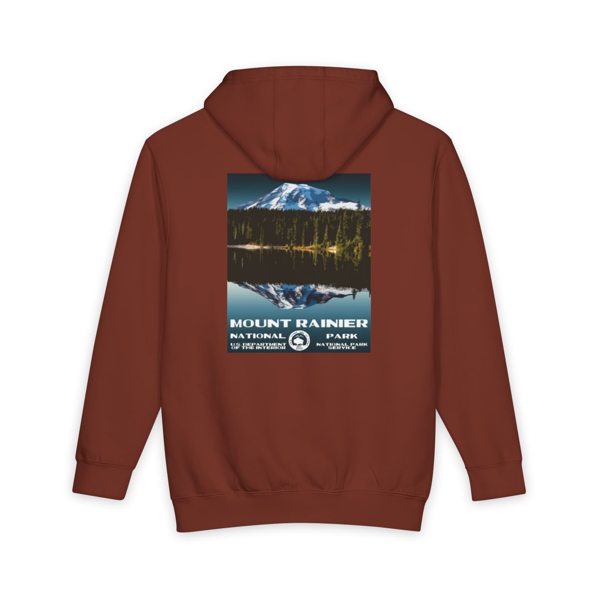 Paprika Mount Rainier National Park hoodie, back view with national park poster artwork