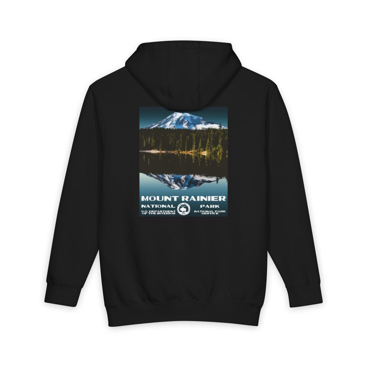 Black Mount Rainier National Park hoodie, back view with national park poster artwork