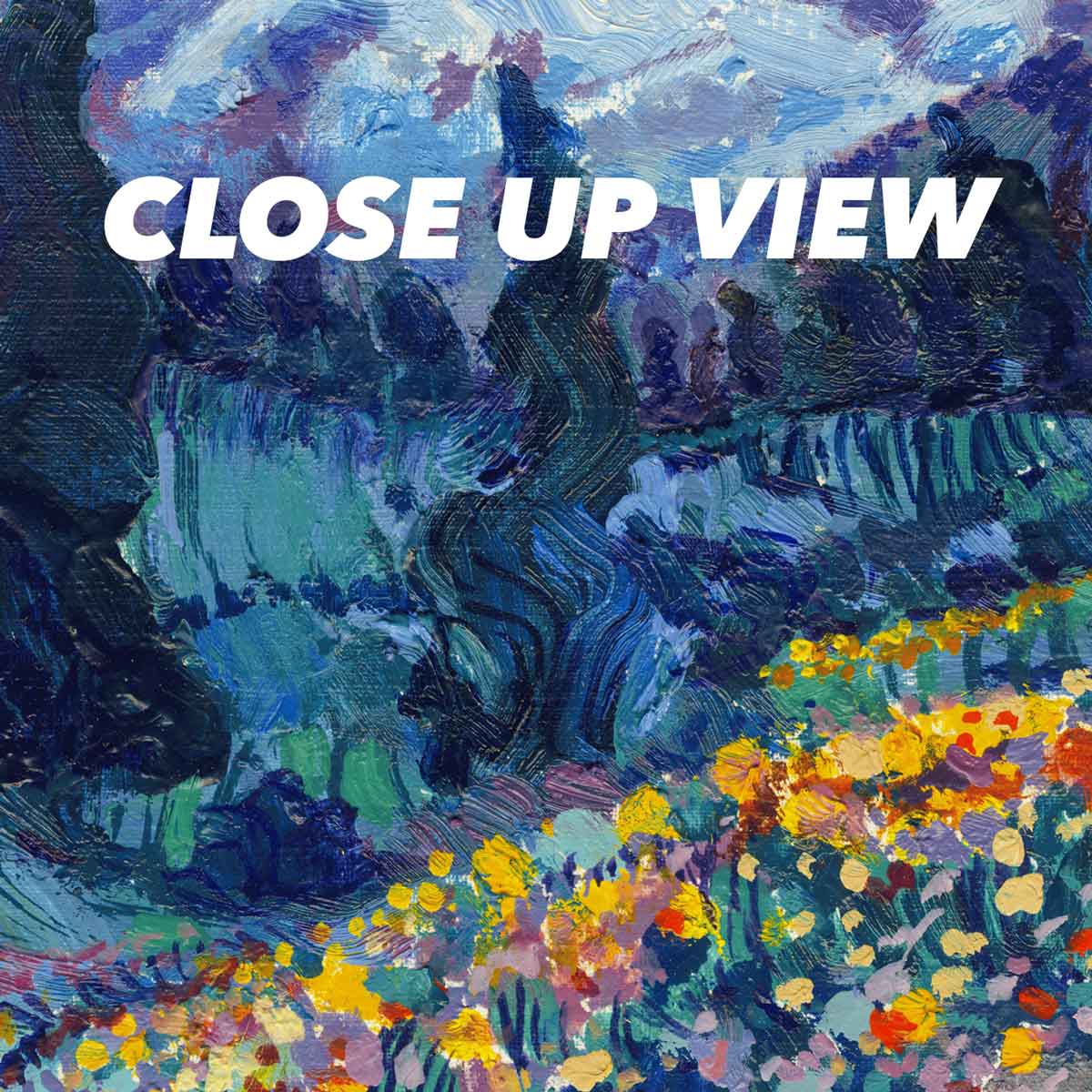 Close-up view of the Mount Rainier National Park Starry Night poster artwork, showing colorful Van Gogh-inspired brushwork