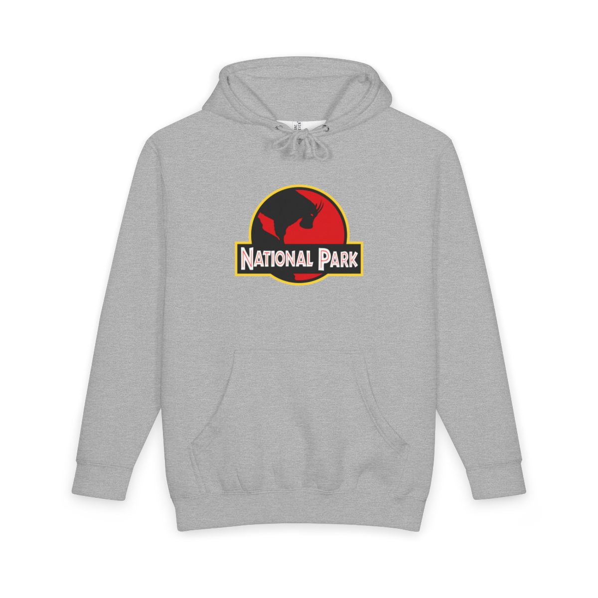 Heather Grey Mountain Goat National Park hoodie, front view with parody logo