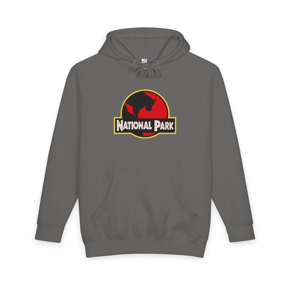Storm Mountain Goat National Park hoodie, front view with parody logo