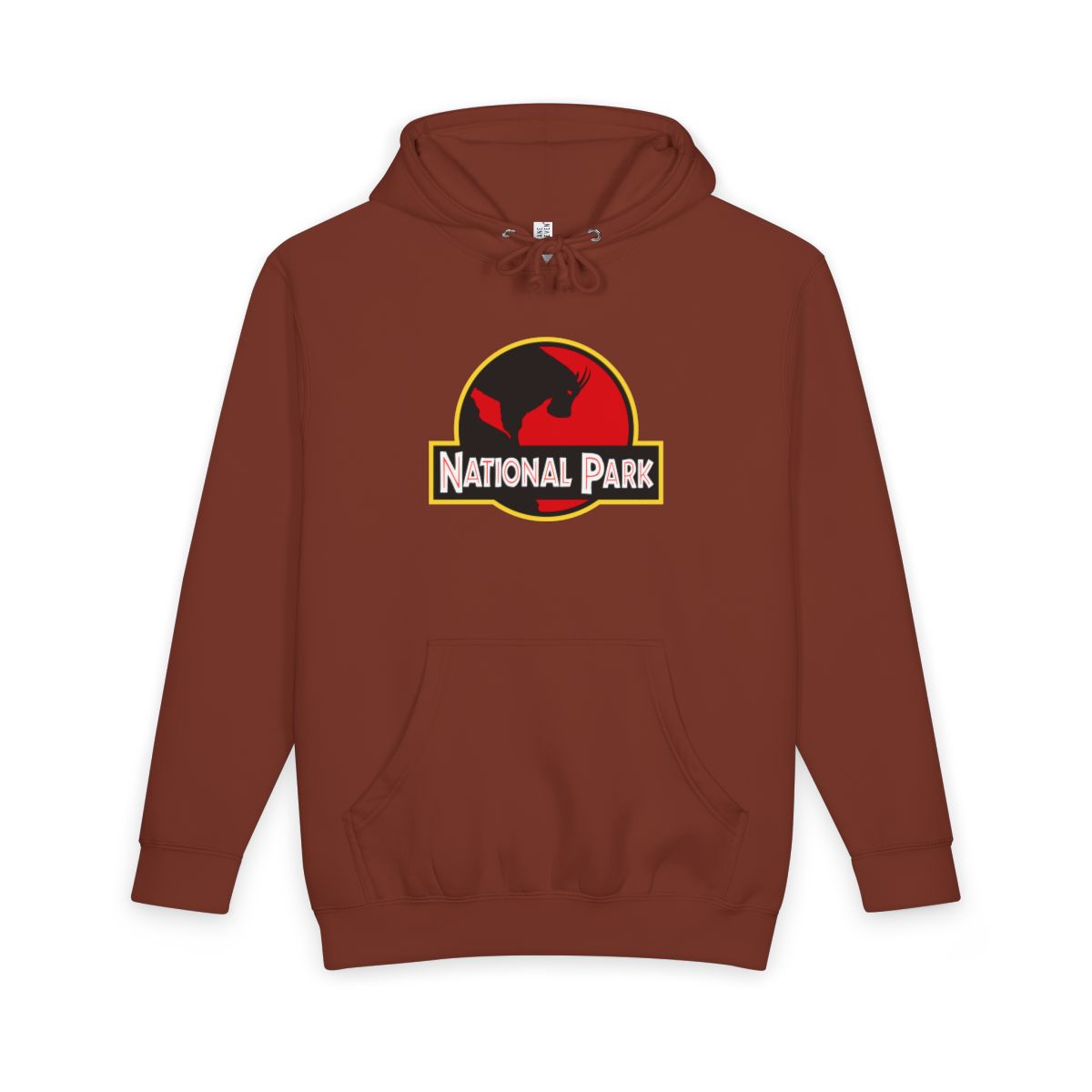 Paprika Mountain Goat National Park hoodie, front view with parody logo