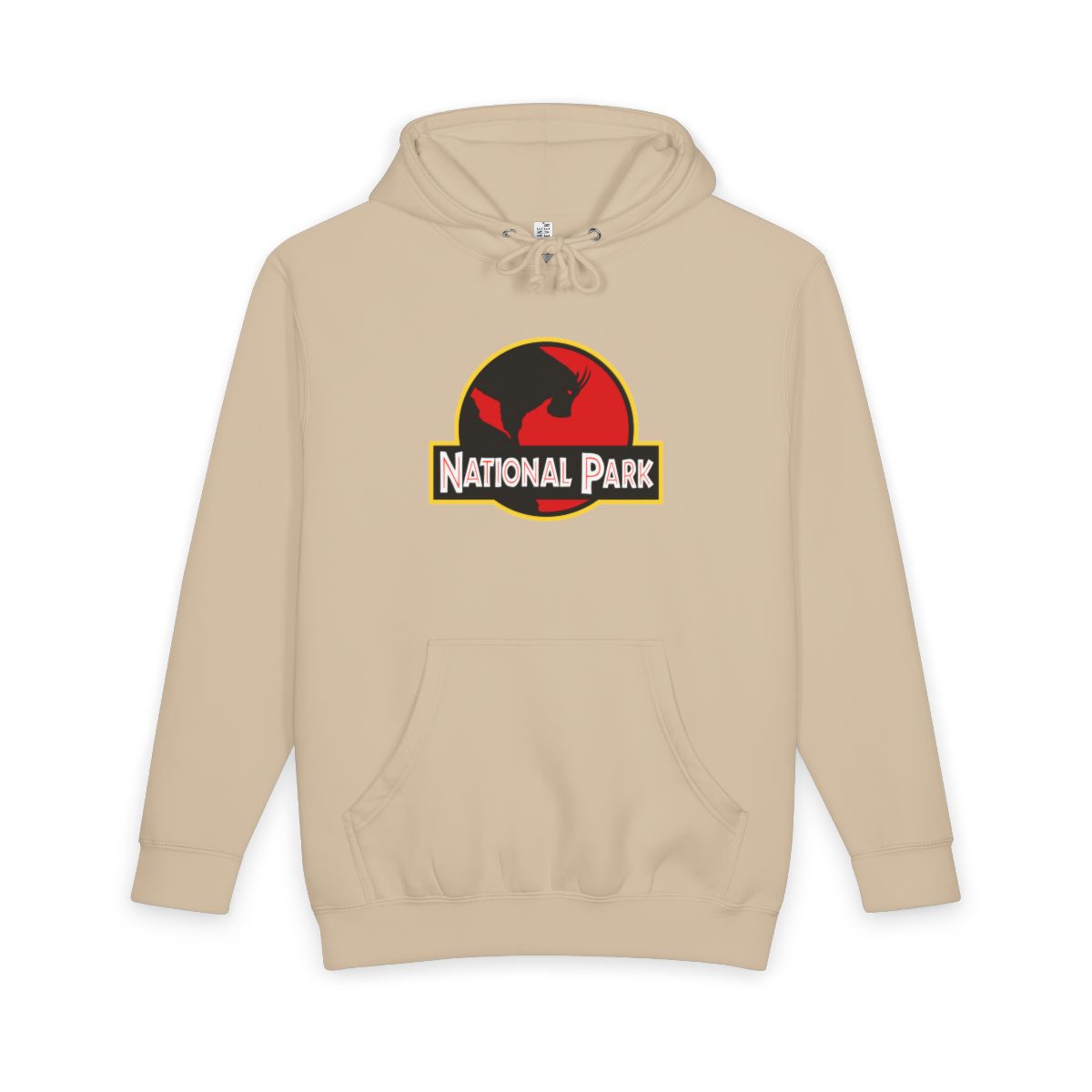 Mushroom Mountain Goat National Park hoodie, front view with parody logo