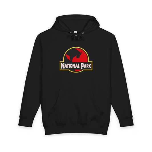 Black Mountain Goat National Park hoodie, front view with parody logo