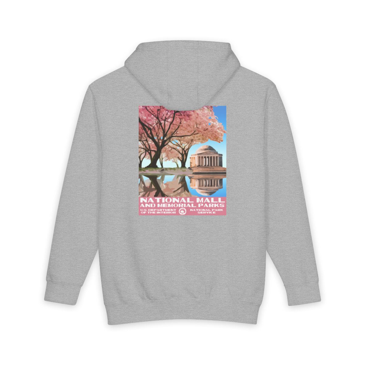 Heather Grey National Mall and Memorial Parks hoodie, back view with national park poster artwork