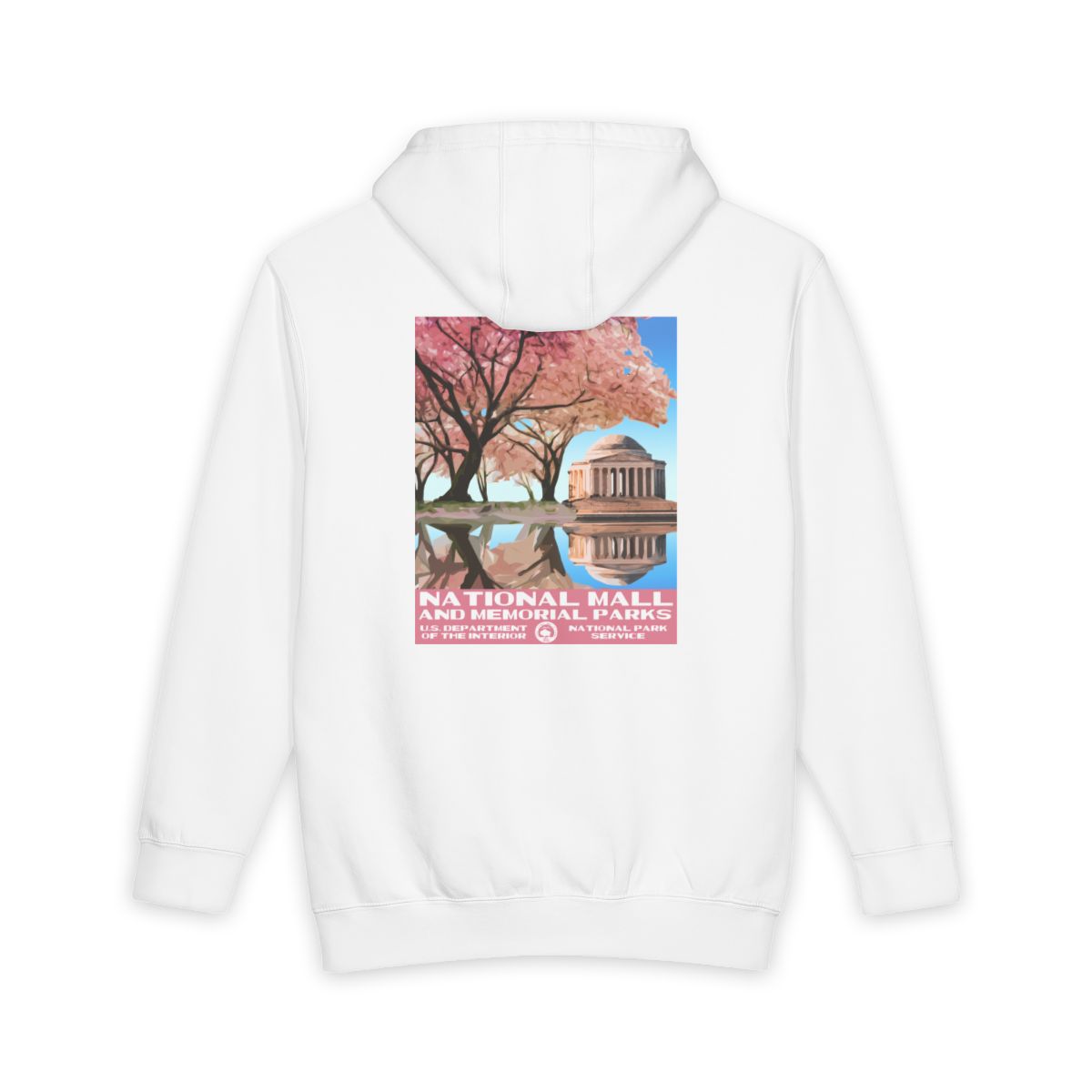 White National Mall and Memorial Parks hoodie, back view with national park poster artwork