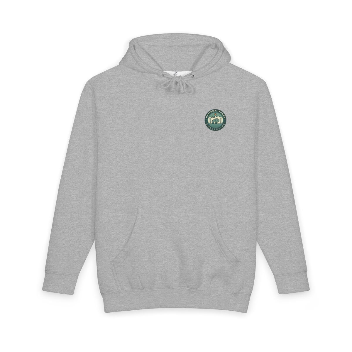 Heather Grey National Mall and Memorial Parks hoodie with national park poster artwork on the back, front view showing National Parks Collective chest emblem
