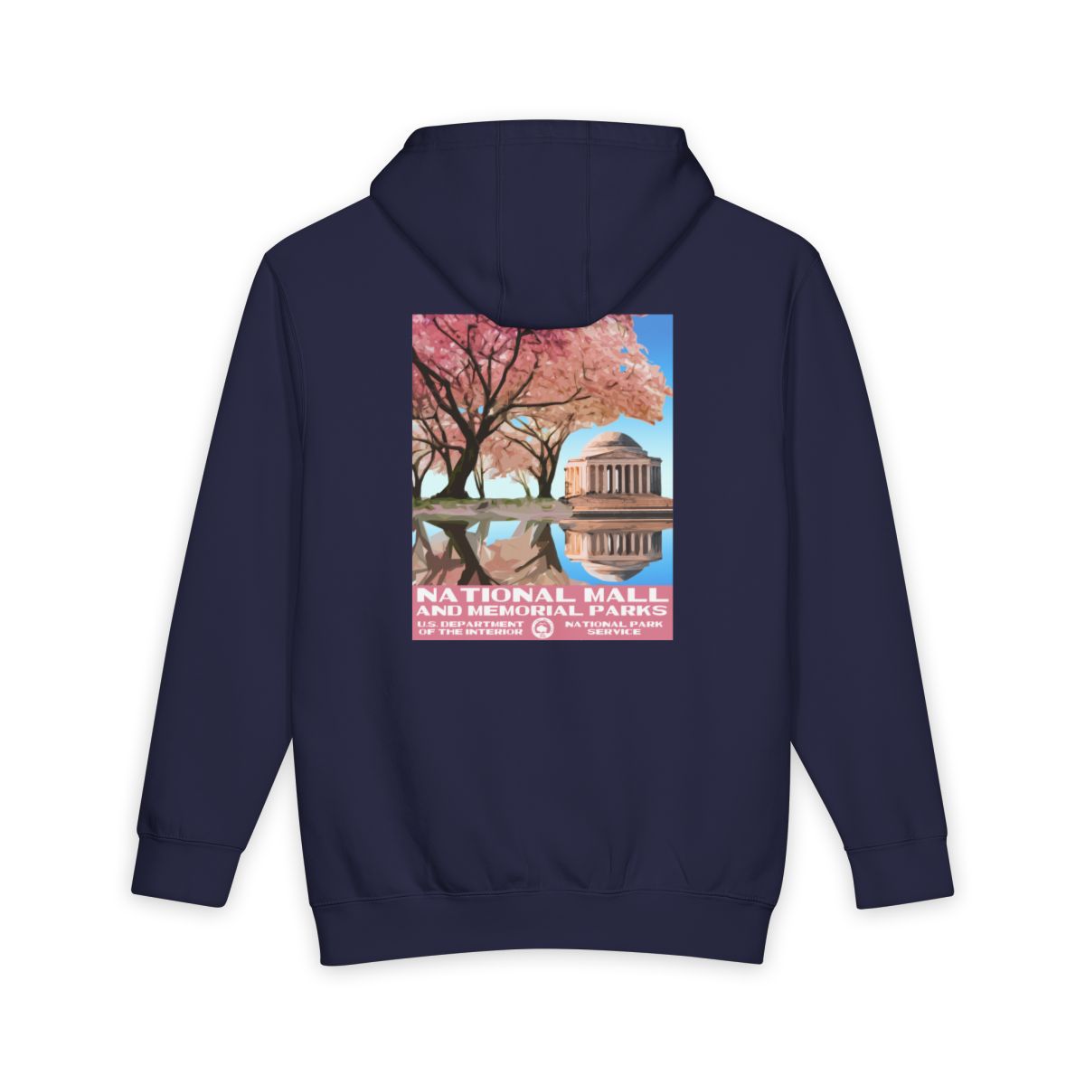 Navy Blue National Mall and Memorial Parks hoodie, back view with national park poster artwork