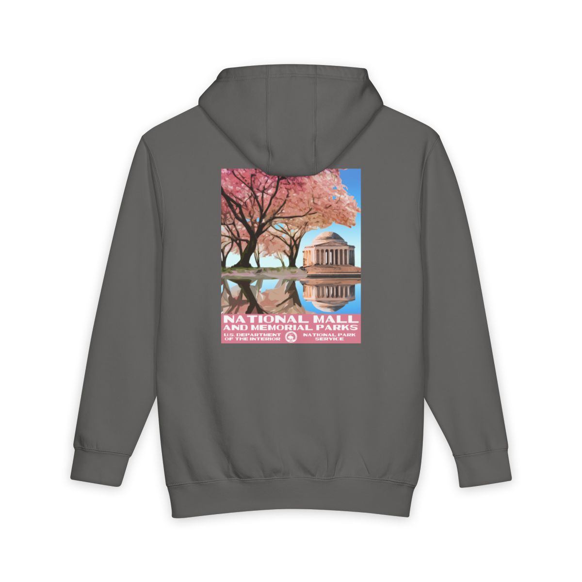 Storm National Mall and Memorial Parks hoodie, back view with national park poster artwork