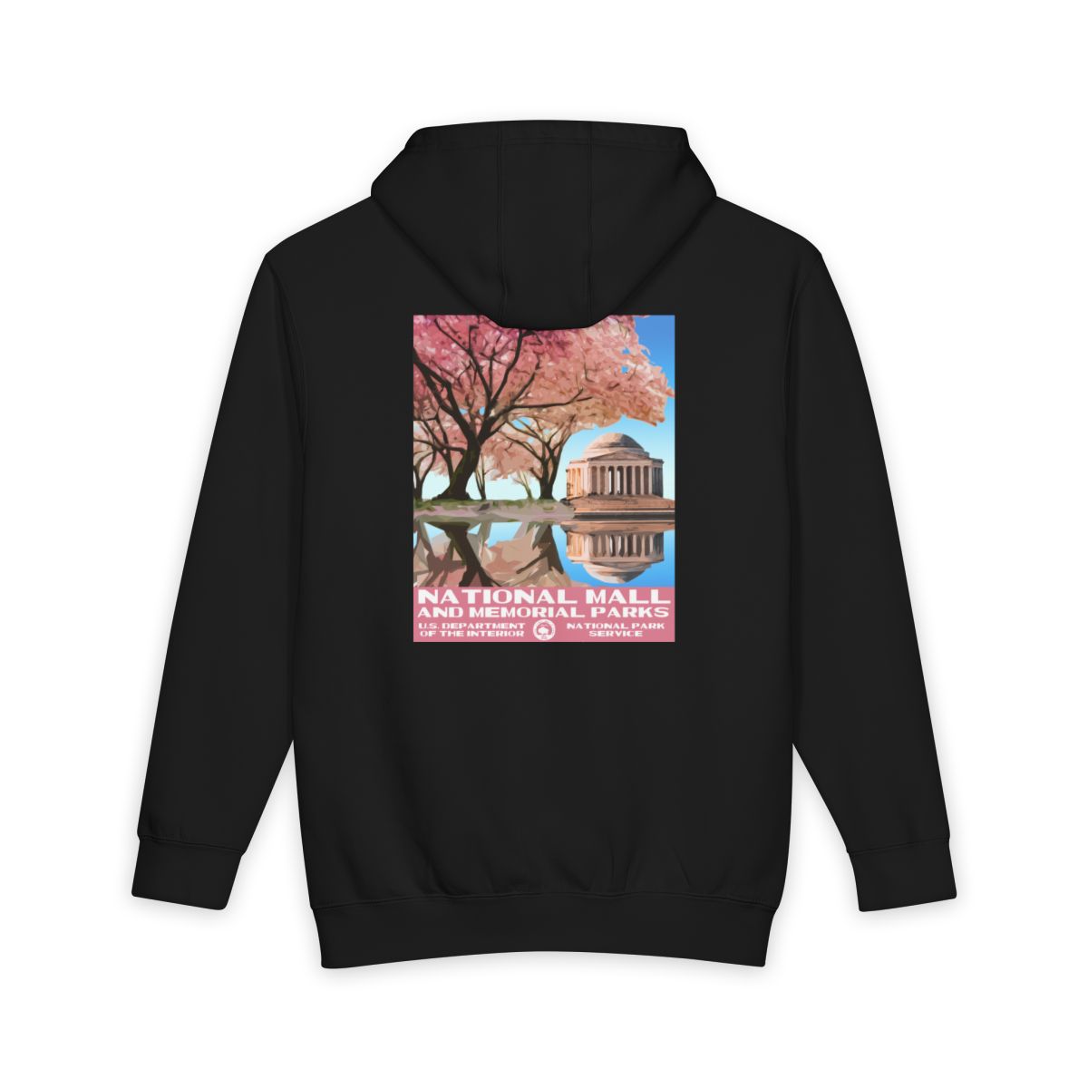 Black National Mall and Memorial Parks hoodie, back view with national park poster artwork