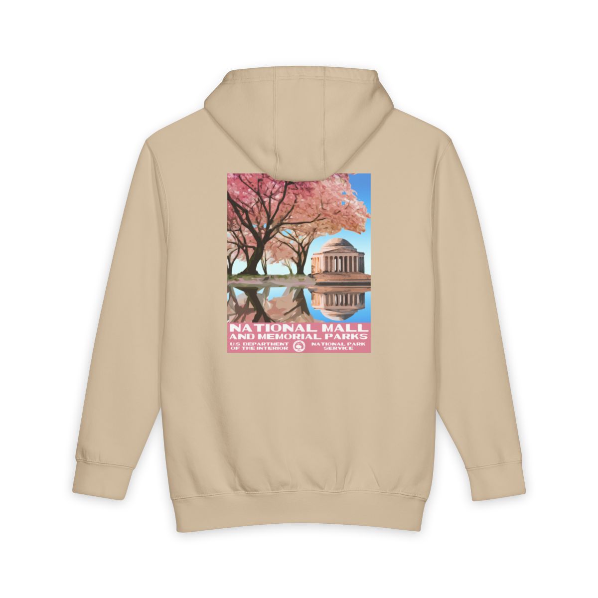 Mushroom National Mall and Memorial Parks hoodie, back view with national park poster artwork