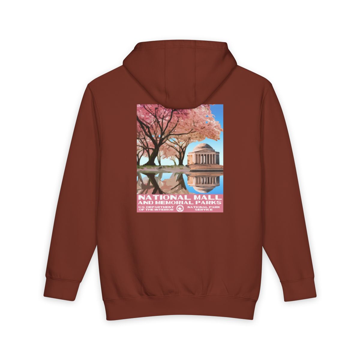 Paprika National Mall and Memorial Parks hoodie, back view with national park poster artwork