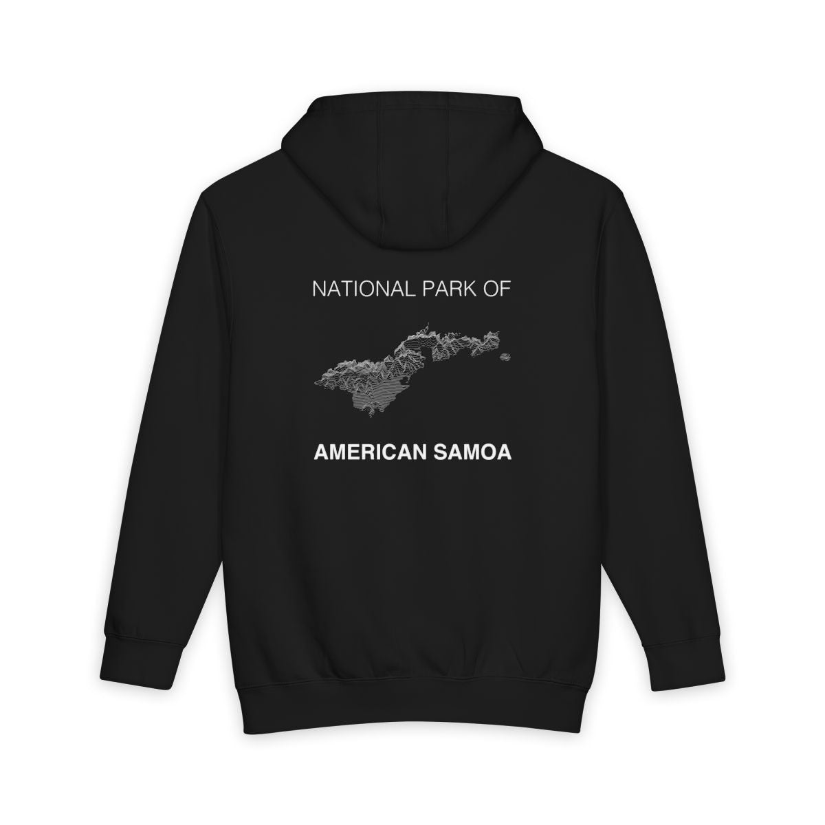 Black National Park of American Samoa hoodie, back view with topographic line design