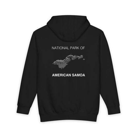Black National Park of American Samoa hoodie, back view with topographic line design