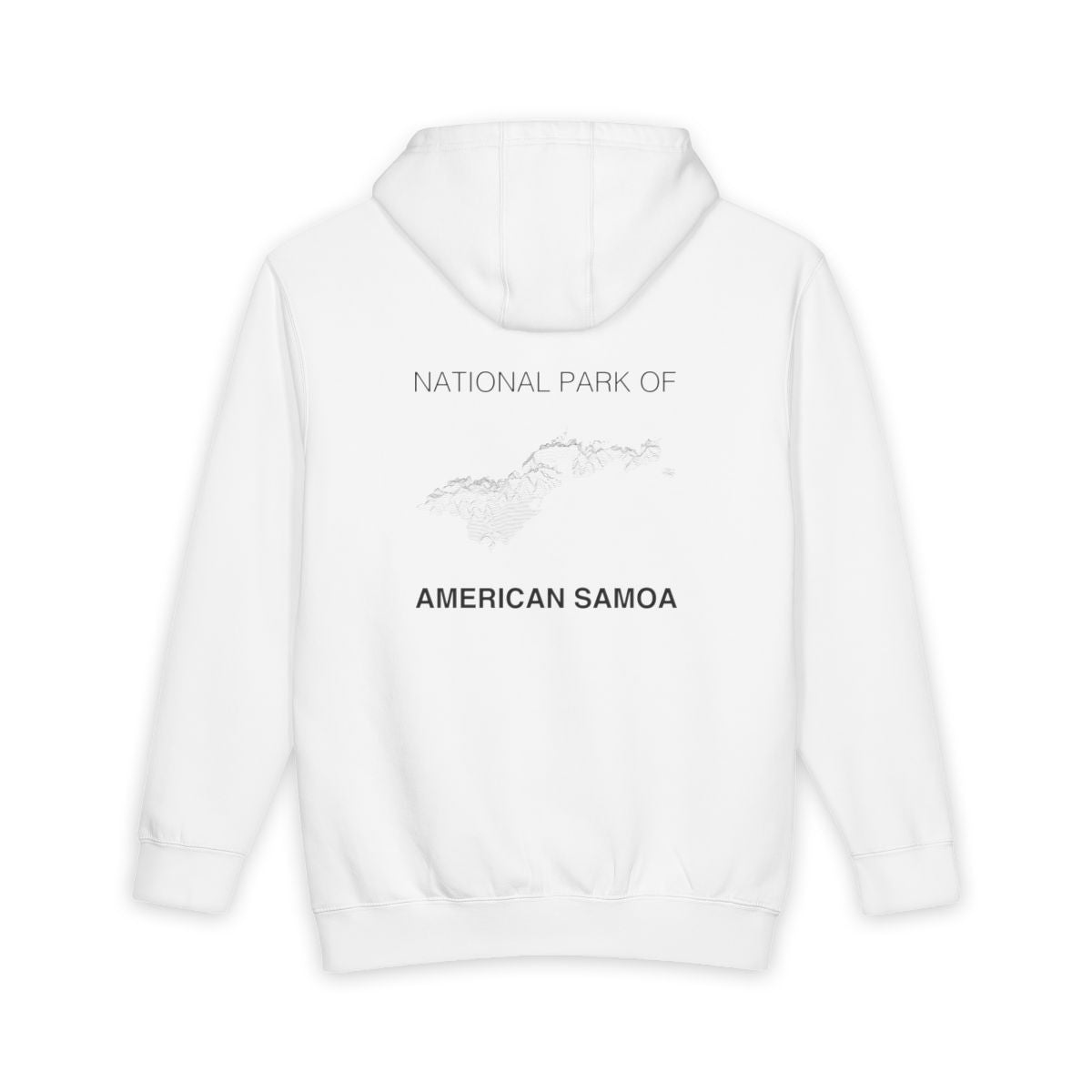 White National Park of American Samoa hoodie, back view with topographic line design