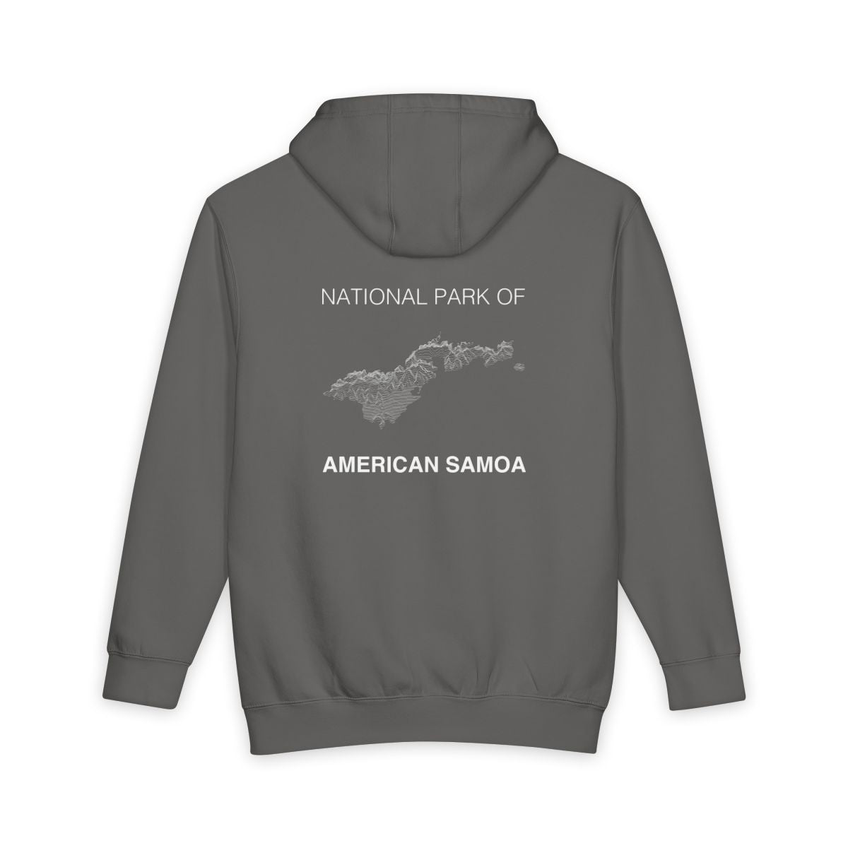 Storm National Park of American Samoa hoodie, back view with topographic line design
