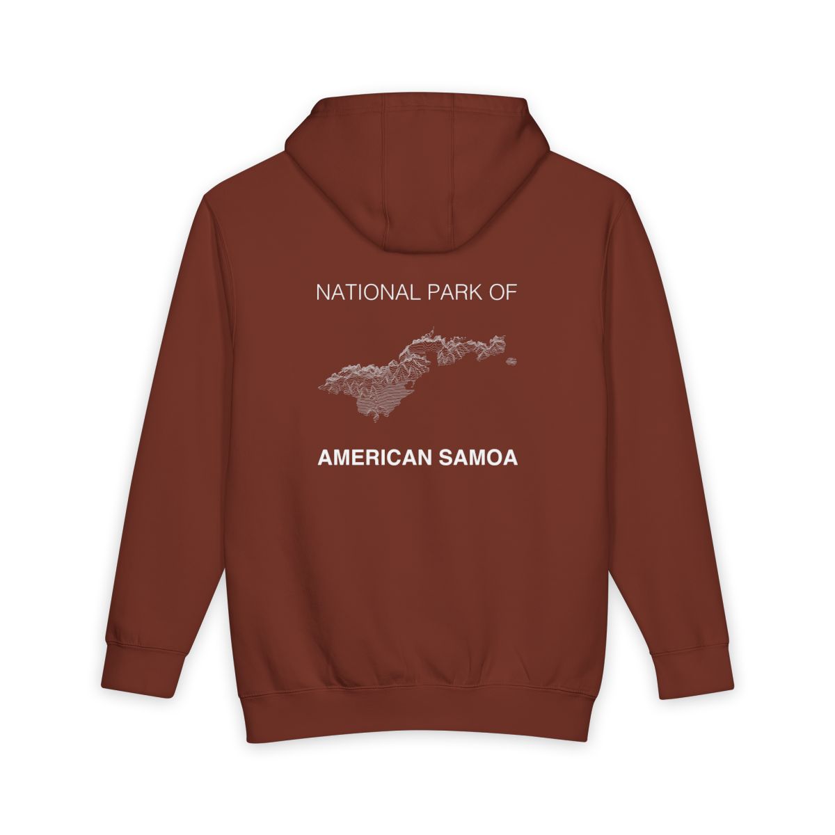 Paprika National Park of American Samoa hoodie, back view with topographic line design