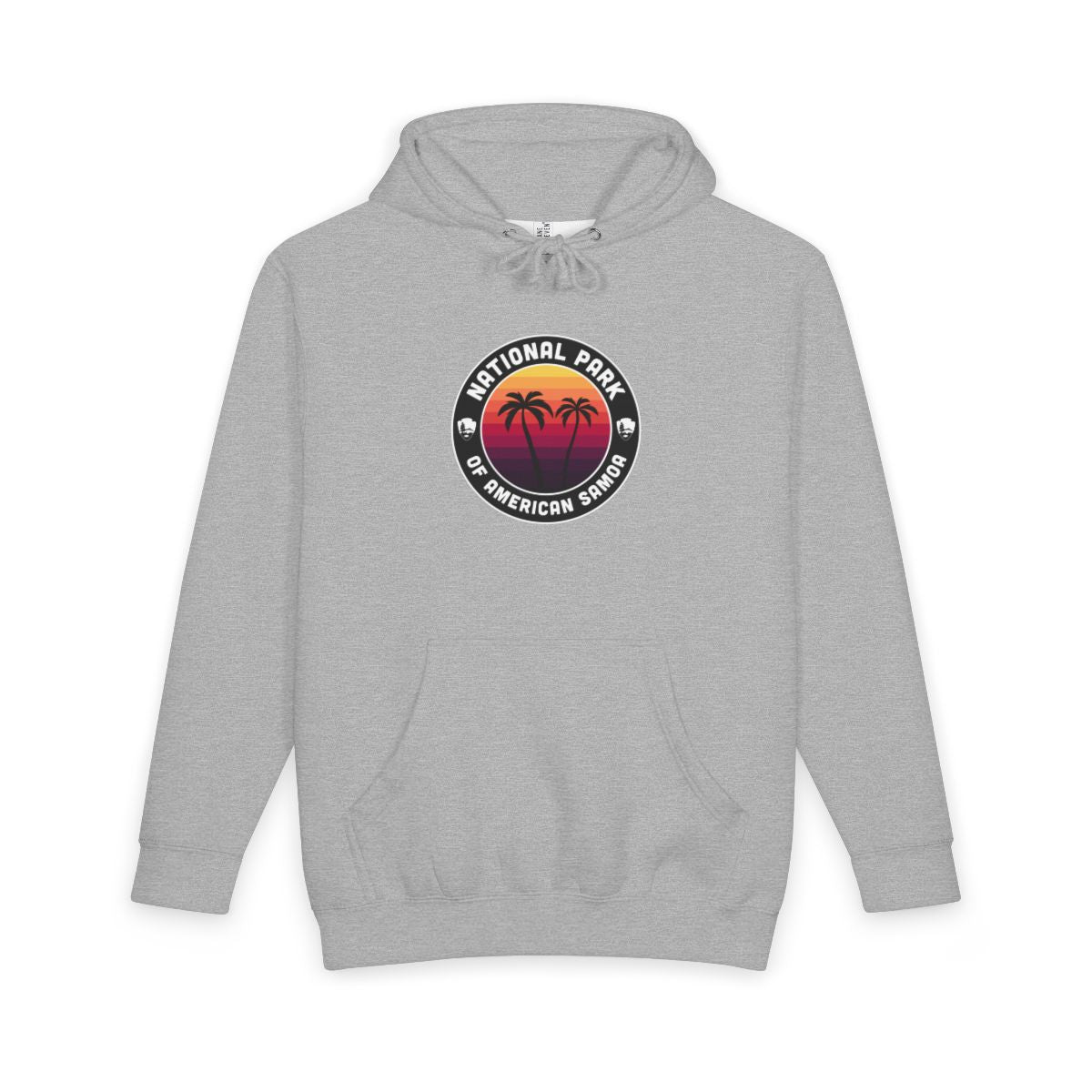 Heather Grey National Park of American Samoa hoodie, front view with round emblem design