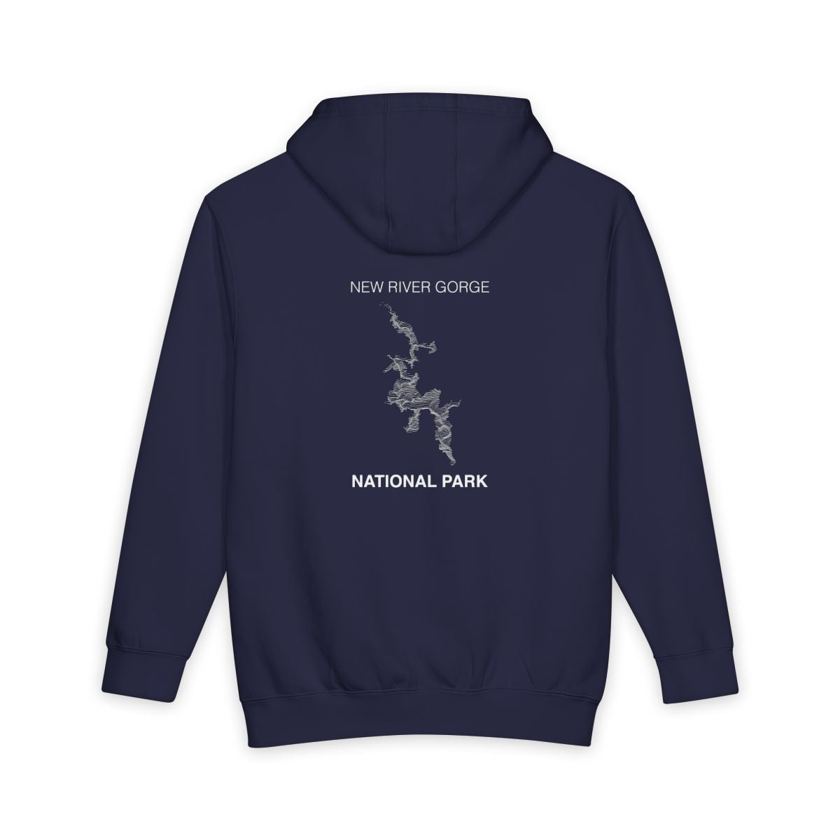 Navy Blue New River Gorge National Park hoodie, back view with topographic line design
