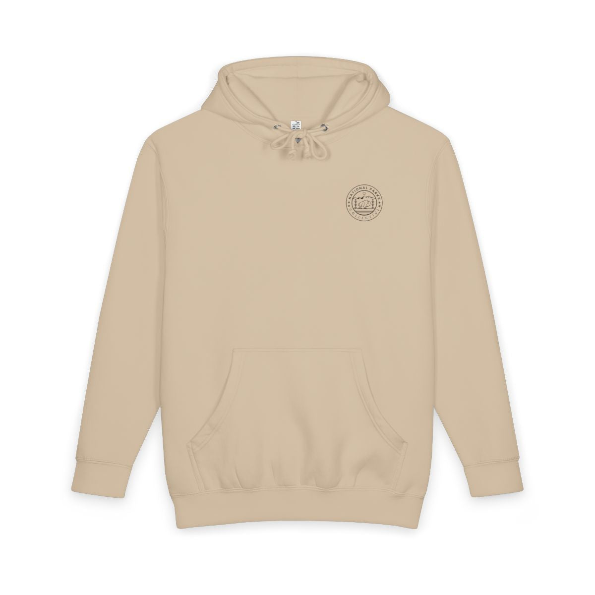Mushroom New River Gorge National Park hoodie with topographic line design on the back, front view showing National Parks Collective chest emblem