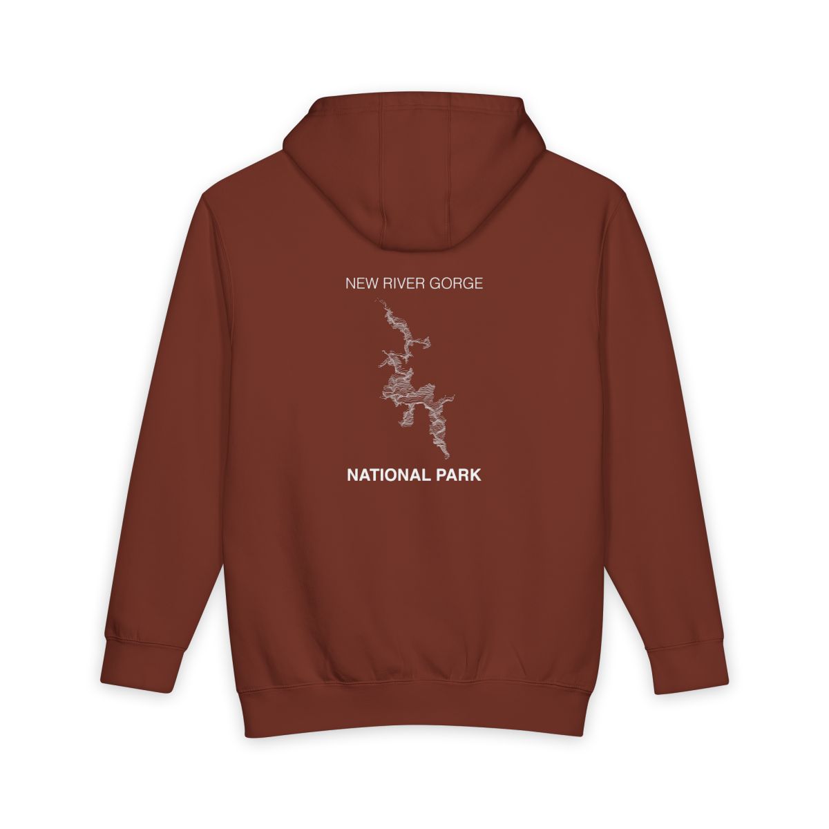 Paprika New River Gorge National Park hoodie, back view with topographic line design