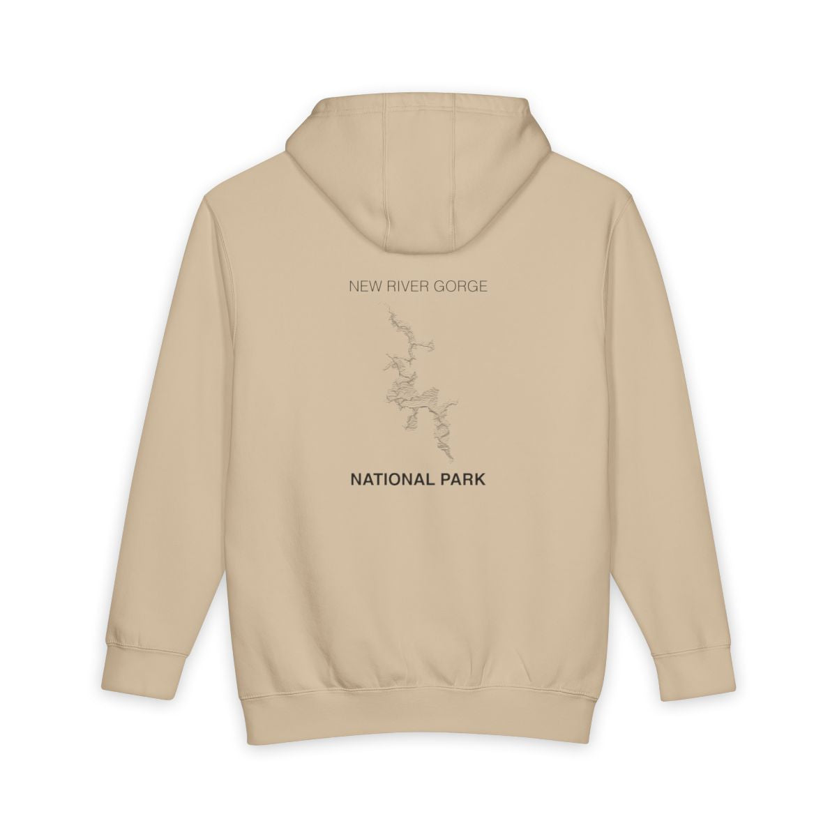 Mushroom New River Gorge National Park hoodie, back view with topographic line design