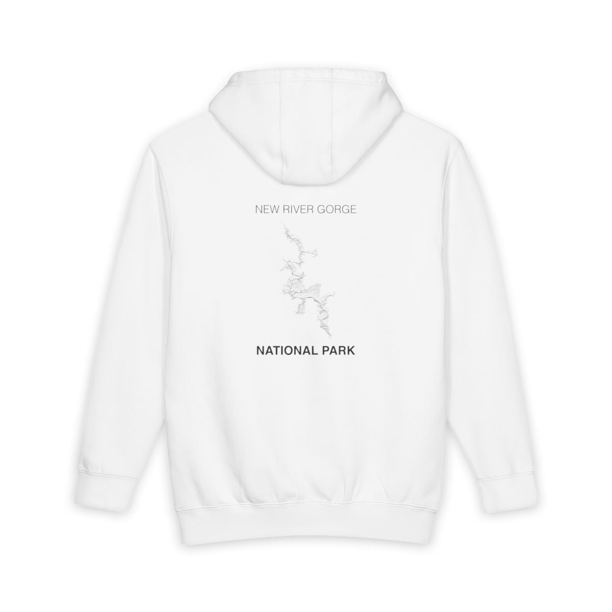 White New River Gorge National Park hoodie, back view with topographic line design
