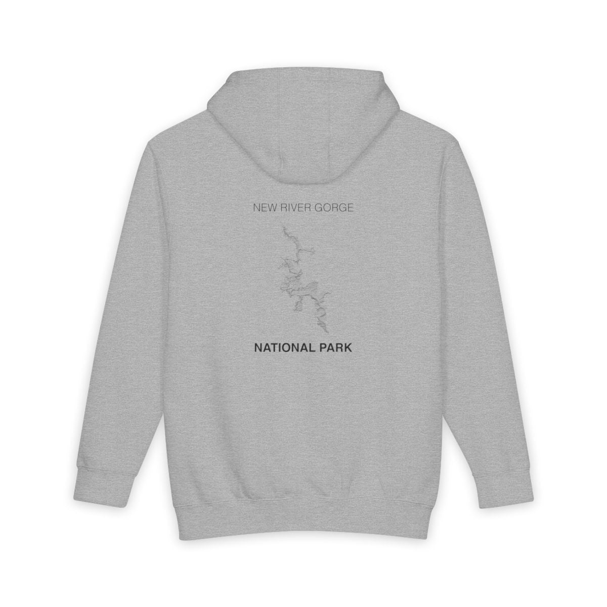 Heather Grey New River Gorge National Park hoodie, back view with topographic line design