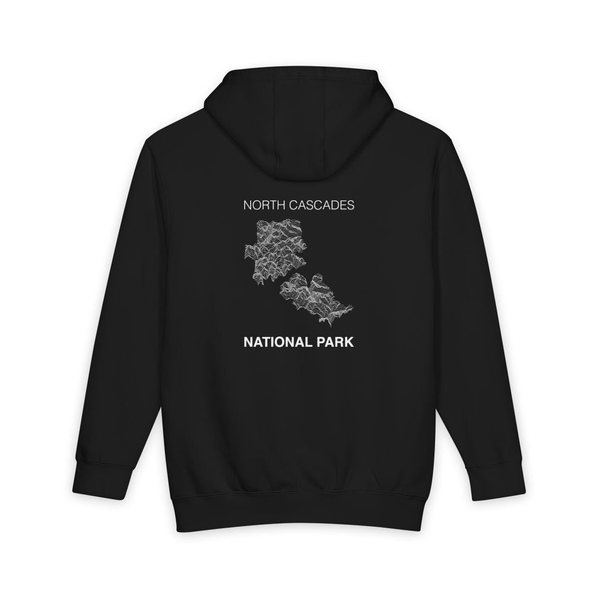Black North Cascades National Park hoodie, back view with topographic line design