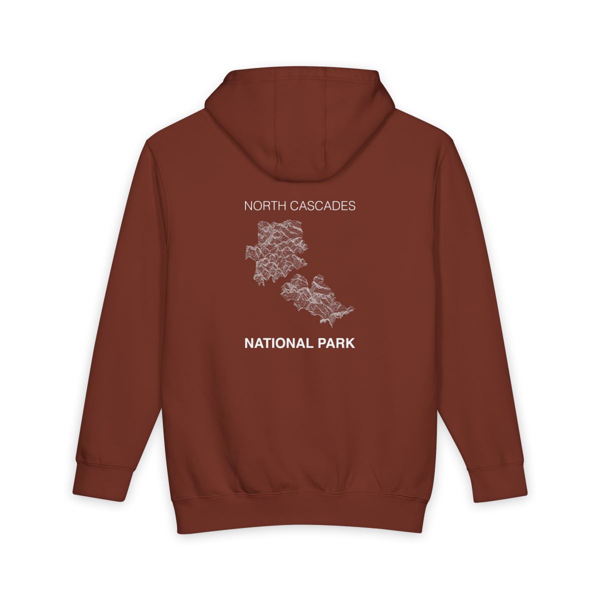 Paprika North Cascades National Park hoodie, back view with topographic line design