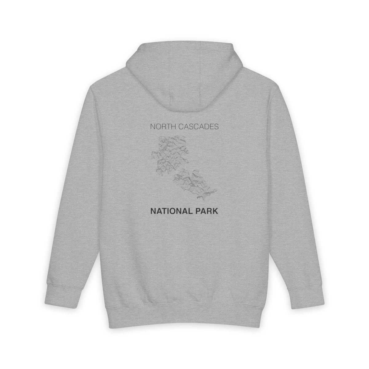Heather Grey North Cascades National Park hoodie, back view with topographic line design