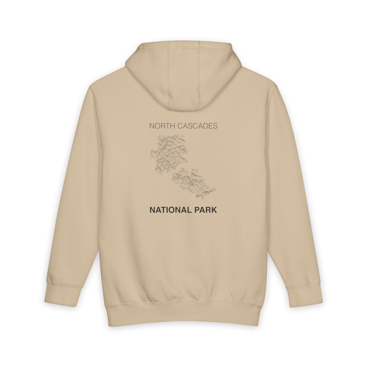 Mushroom North Cascades National Park hoodie, back view with topographic line design