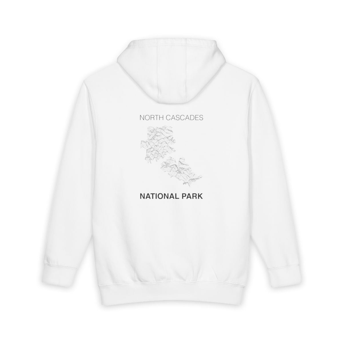 White North Cascades National Park hoodie, back view with topographic line design