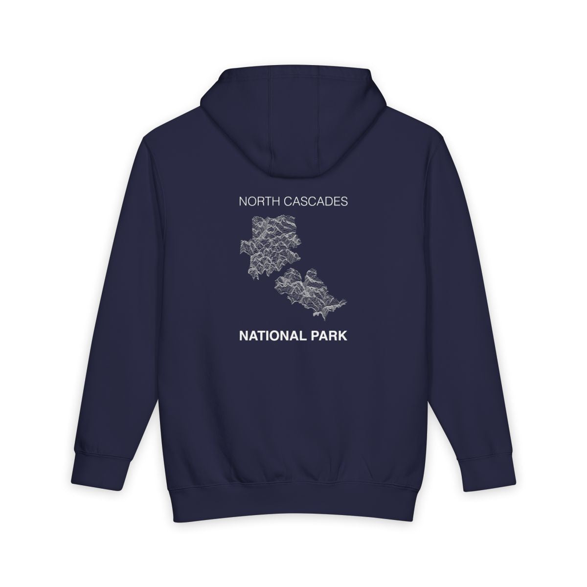 Navy Blue North Cascades National Park hoodie, back view with topographic line design
