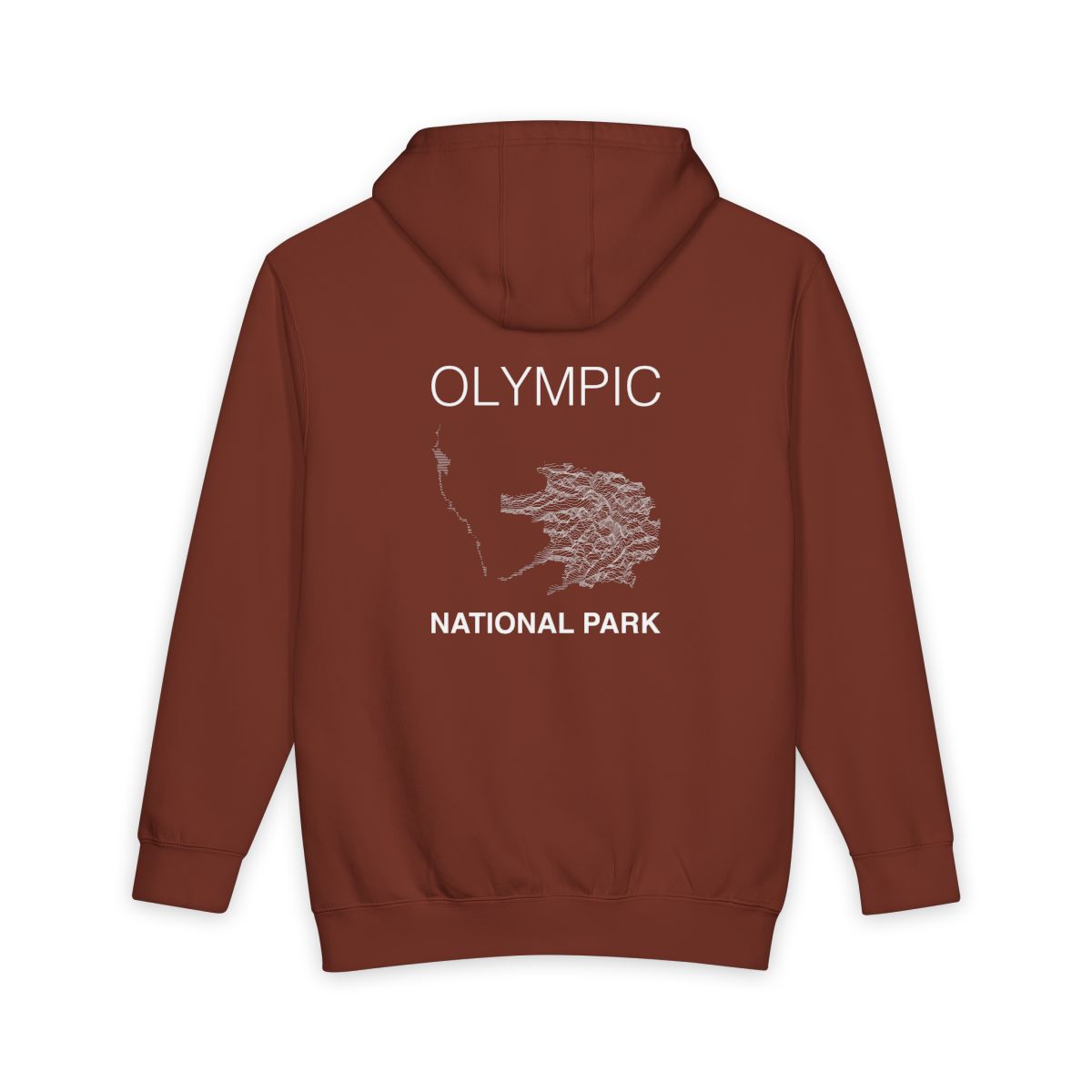 Paprika Olympic National Park hoodie, back view with topographic line design