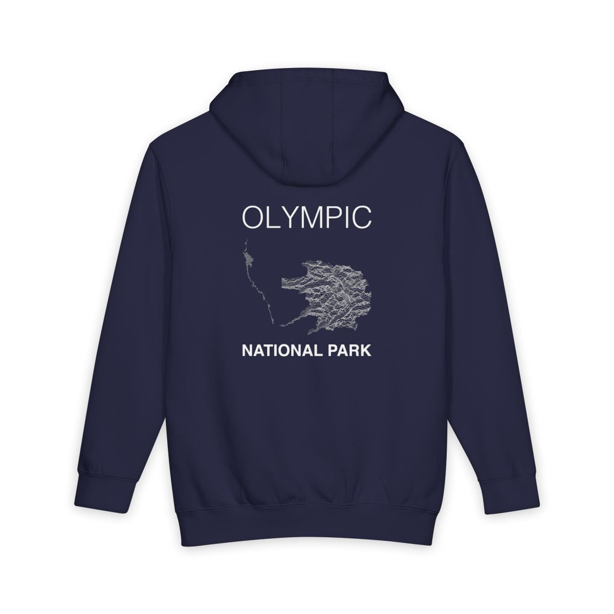 Navy Blue Olympic National Park hoodie, back view with topographic line design