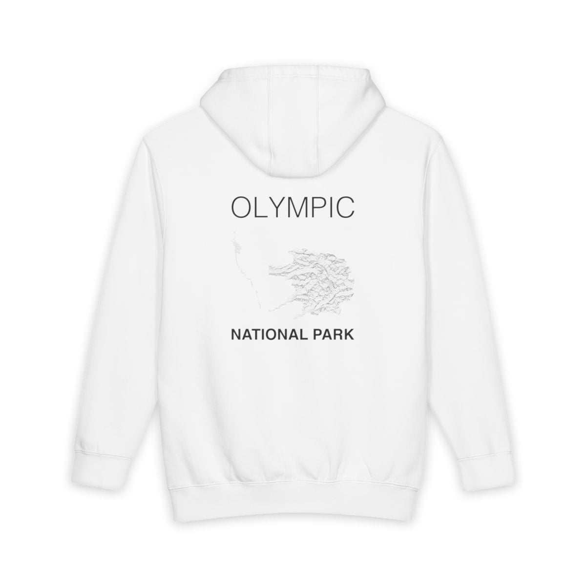 White Olympic National Park hoodie, back view with topographic line design
