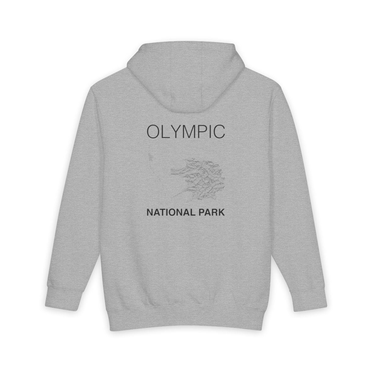 Heather Grey Olympic National Park hoodie, back view with topographic line design