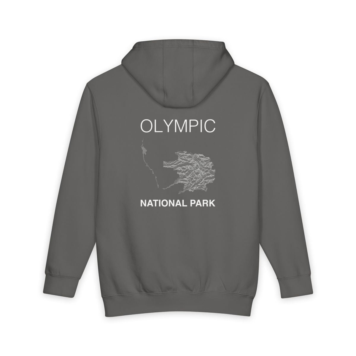 Storm Olympic National Park hoodie, back view with topographic line design