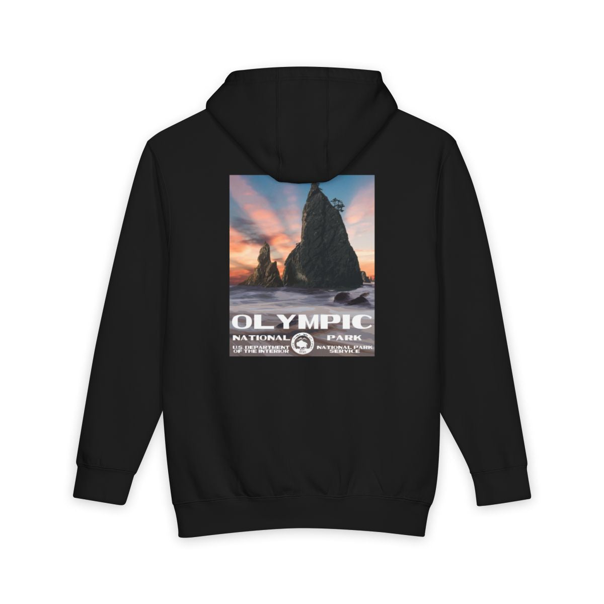 Black Olympic National Park hoodie, back view with national park poster artwork